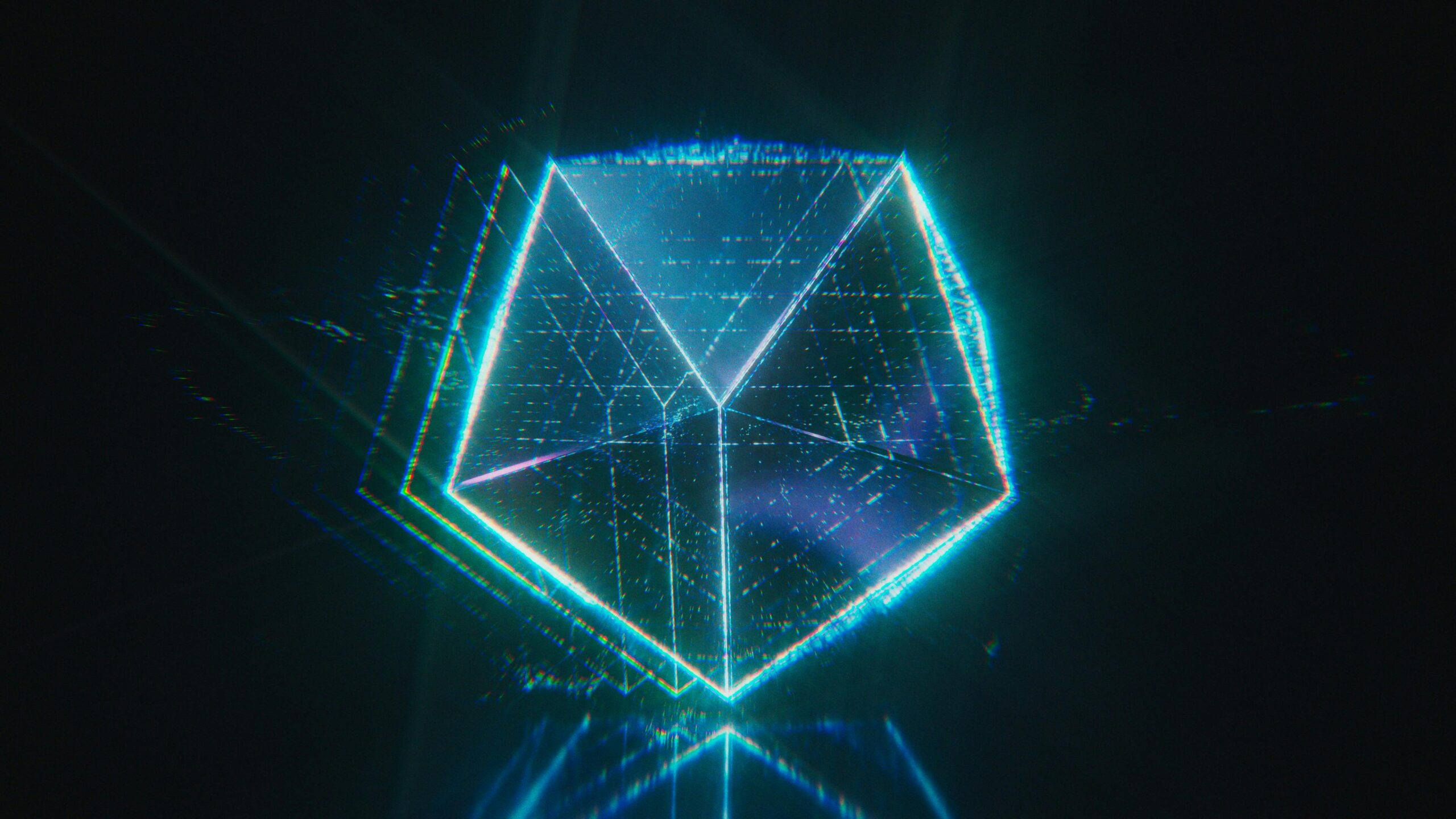 A neon digital polygon glowing in dark space, resembling a sci-fi hologram.